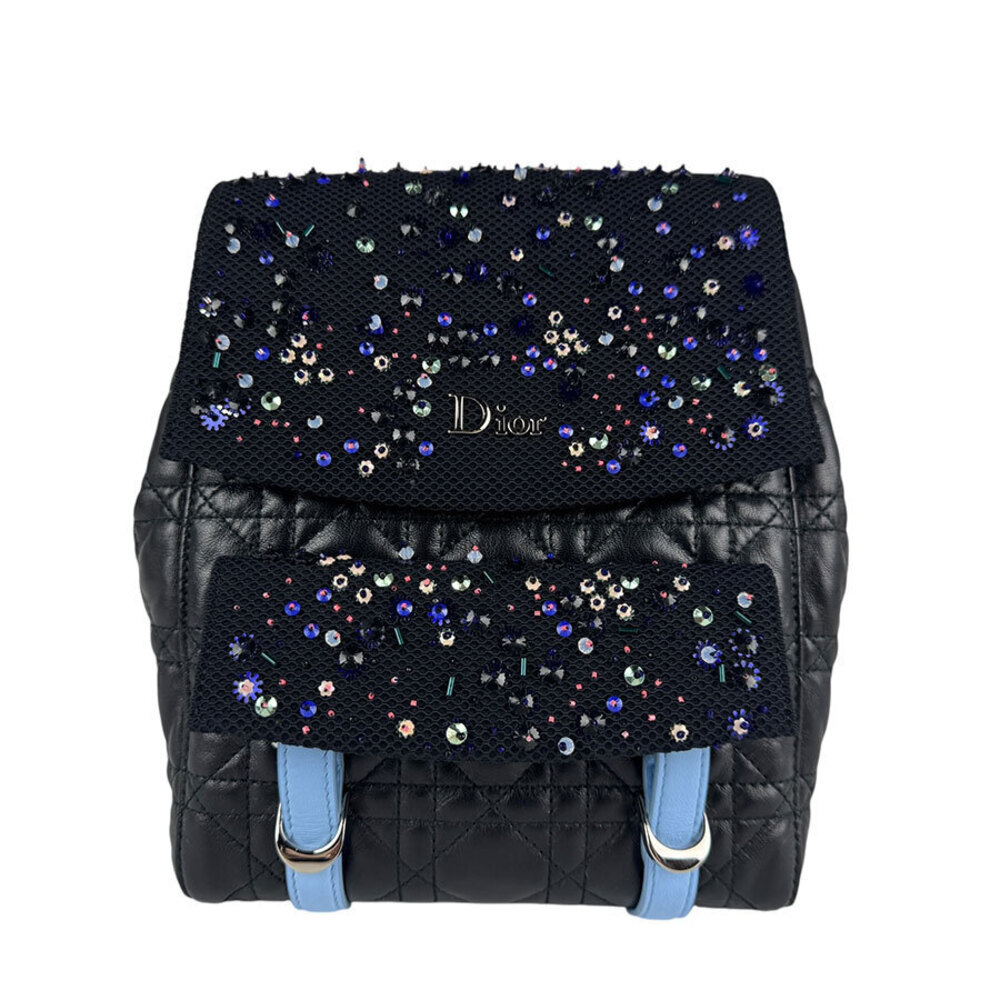 Christian Dior Cannage Backpack Rucksack Leather Beads Mesh Blue Black